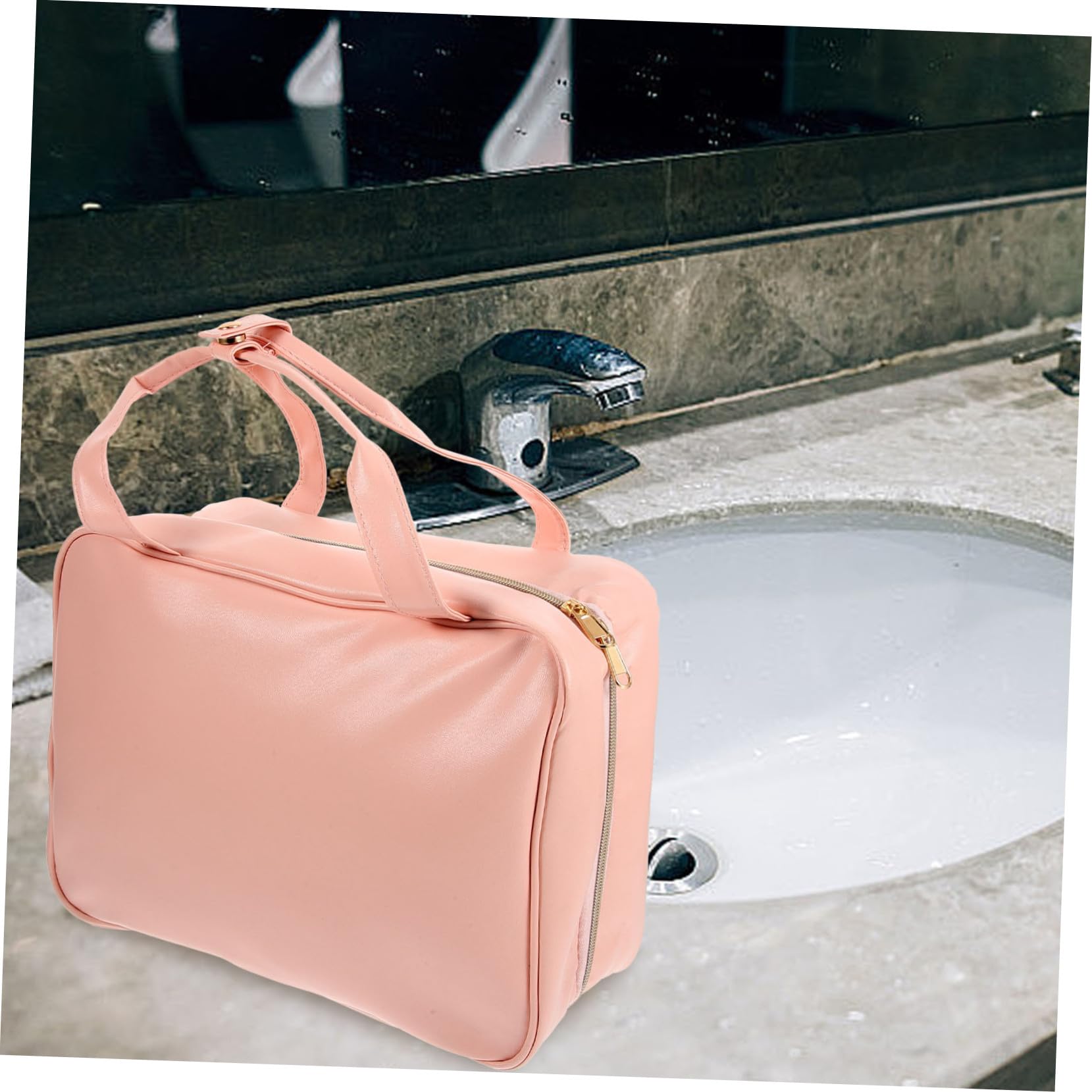 Trousse de Toilette Imperméable Cuir PU avec Crochet Suspendu Sac Maquillage et Rangement Voyage Femme Compartiments Multiples et Poignée Portable Organisateur Cosmétique