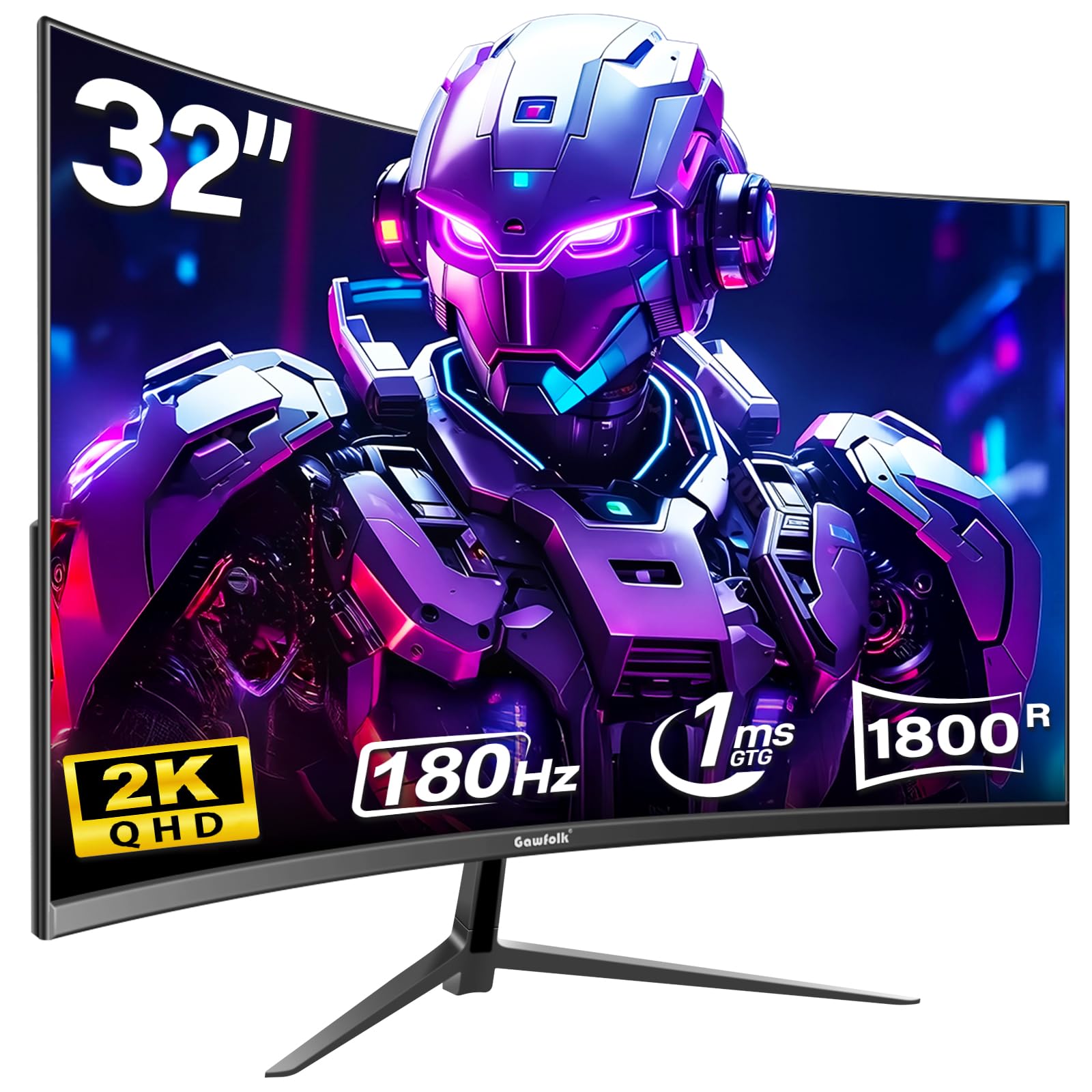 Gawfolk Monitor Gaming 32" Curvo QHD 180Hz/165Hz | Schermo Senza Bordi 1800R, AMD FreeSync, VESA, Pronto per PS5/PC