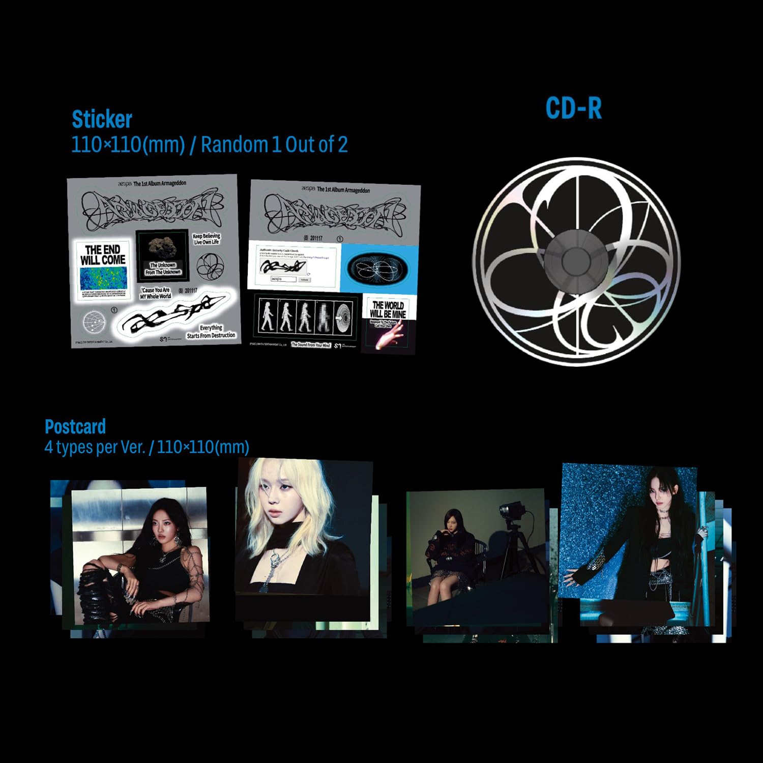 aespa - 1st Album [Armageddon] (Poster Ver. - Random Ver.) Poster R + Postcard + Sticker + Folded Poster + Photocard + 2 Pin Badges + 4 Extra Photocards