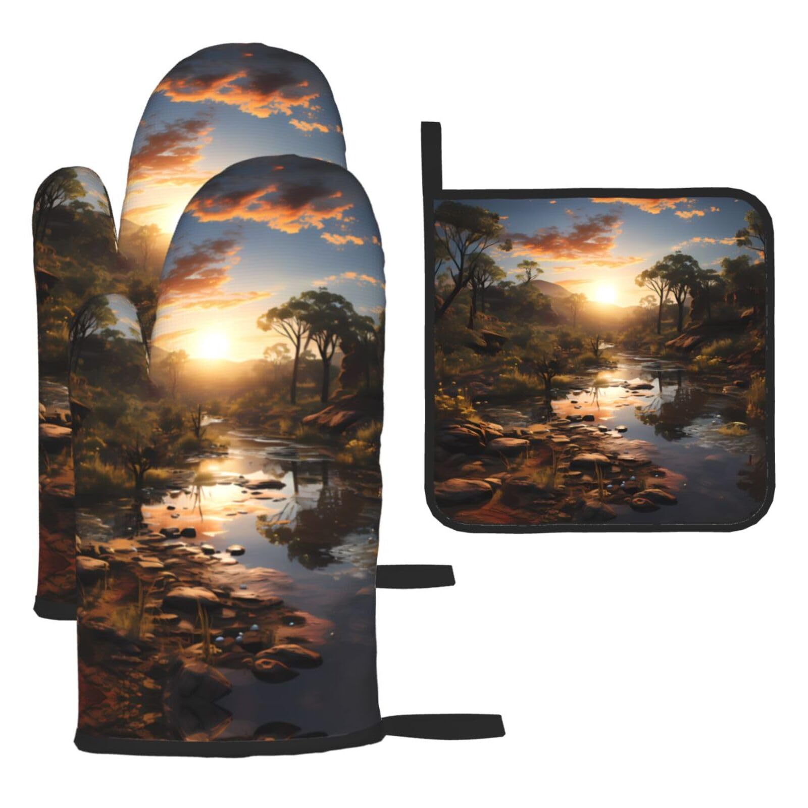 Australian Scenery Oven mittens and oven mitts three-piece set suitable for oven, grilling, baking, microwave and home cooking.