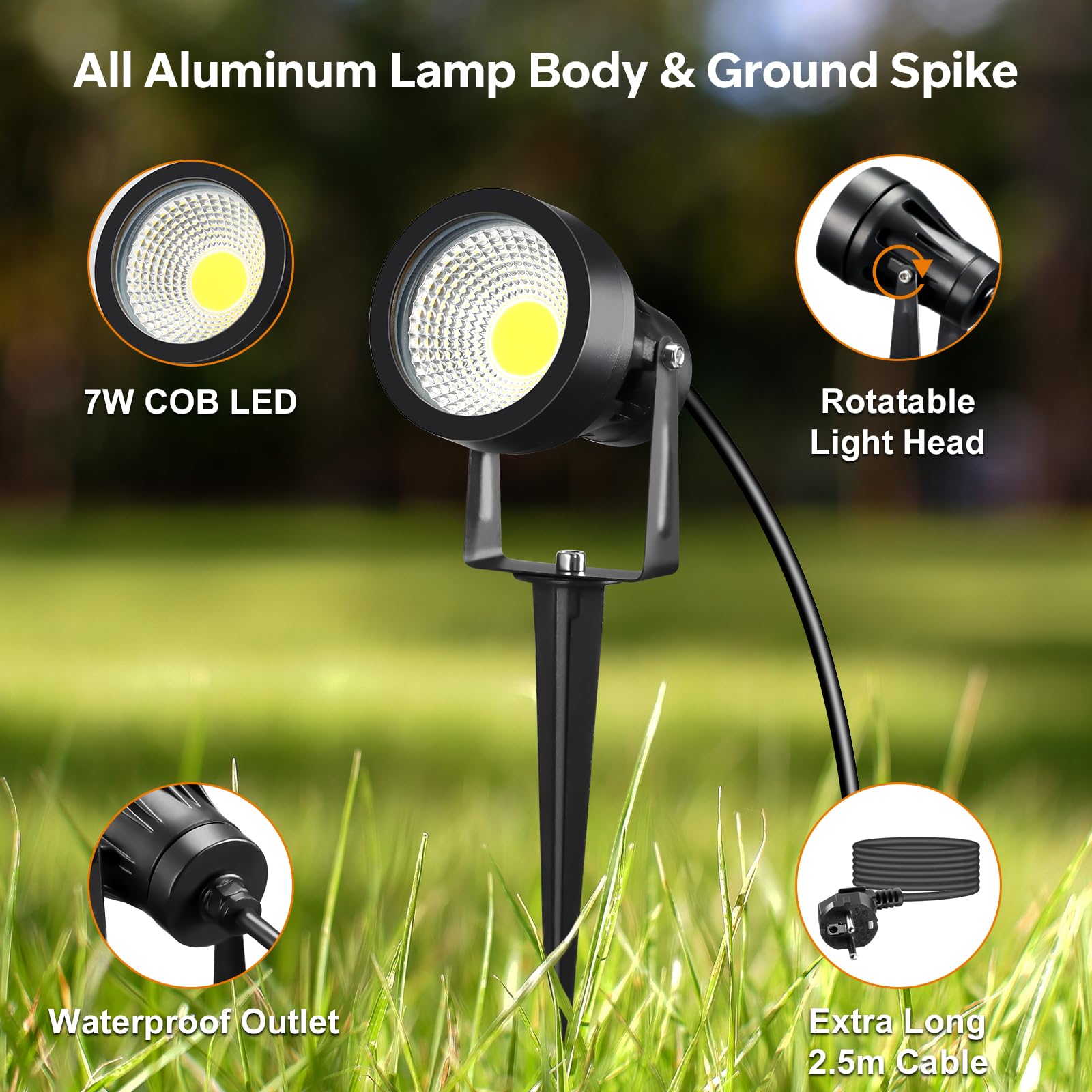 2 Pezzo Faretti da Giardino con Picchetto di Alimentazione 7W 700LM, Luci LED, Illuminazione per Giardino Impermeabile IP65, Faretto 220V 3000K Adatto per Pareti, Terrazze, Piante, Cavo da 2,5M