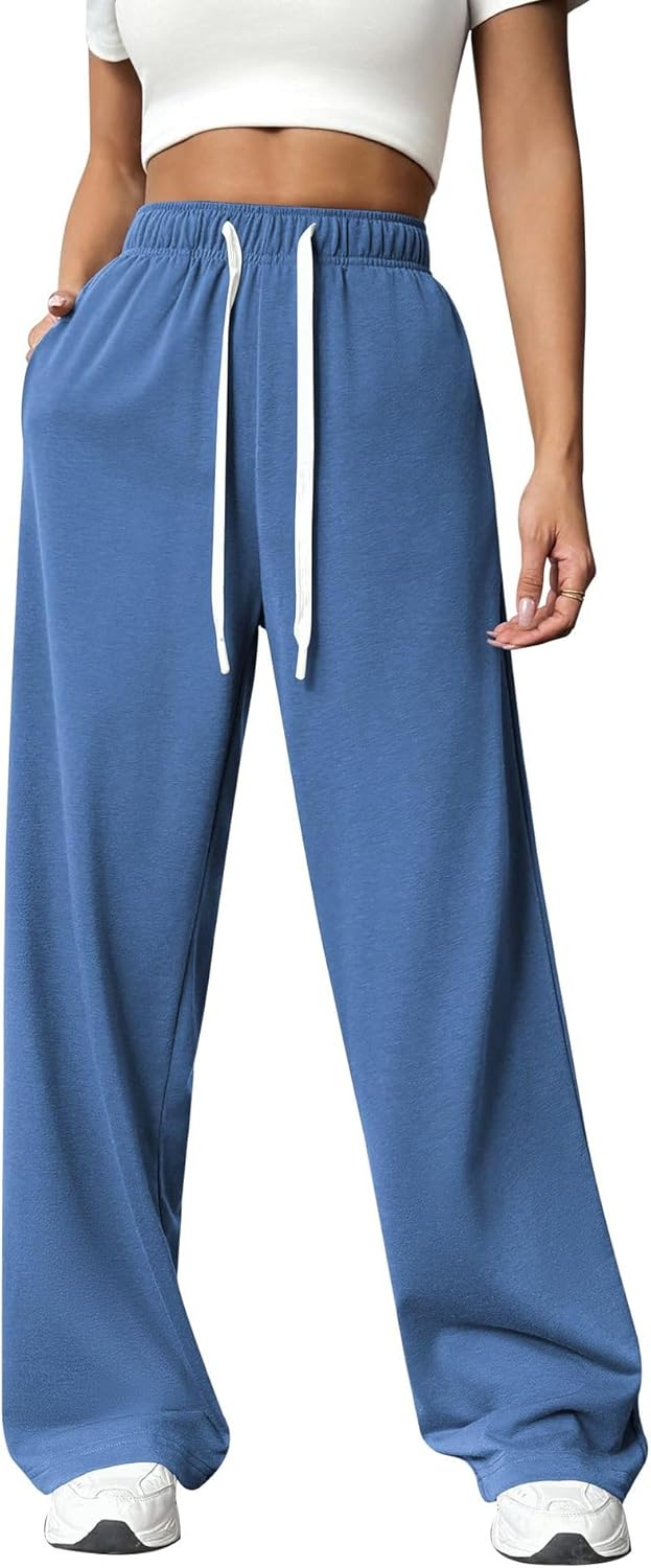 PAODIKUAI Women's Wide Leg Sweatpants Elastic Drawstring High Waisted Straight Leg Lounge Pants with Pockets