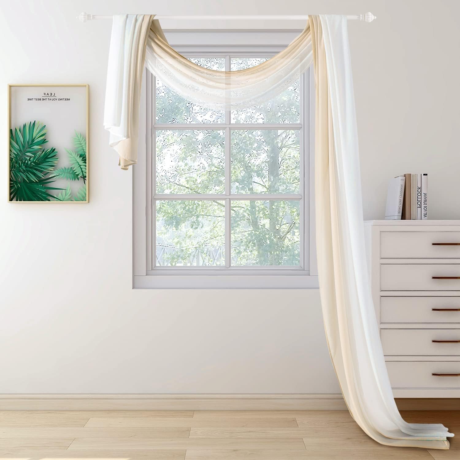 NAPEARL Window Scarf Valance Extra Long, Beige and White Ombre Romantic Gradient Voile Scarf Valance for Ceremony Backdrop, Wedding Arch, Kids Bedroom, Decorative Swag Curtain 216 Inches