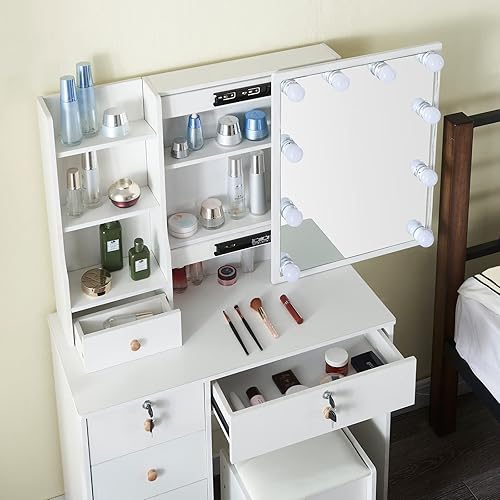 Miniatura 5 de Juego de tocador con espejo iluminado y taburete acolchado, moderno tocador de maquillaje con 5 cajones para dormitorio, juego de tocador para niñas