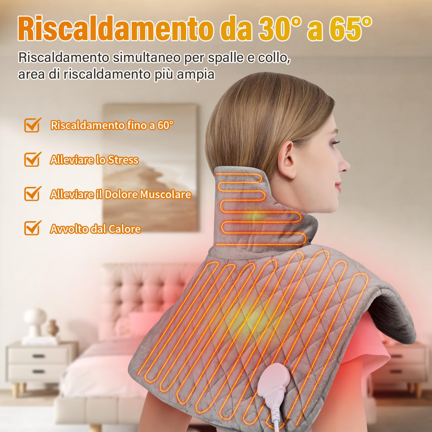 Onherm Termoforo Cervicale e Spalle 48×58cm, Cuscino Termico Elettrico per Collo e Spalle con Spegnimento Automatico, 9 Livelli di Temperatura e Timer 1-4 Ore, Flanella, Lavabile in Lavatrice