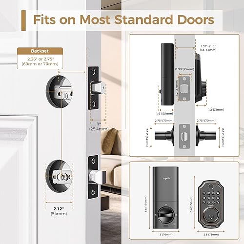 Miniatura 8 de Juego de cerrojo para puerta de entrada sin llave con asa, cerradura de puerta de entrada sin llave 5 en 1, control por aplicación, bloqueo