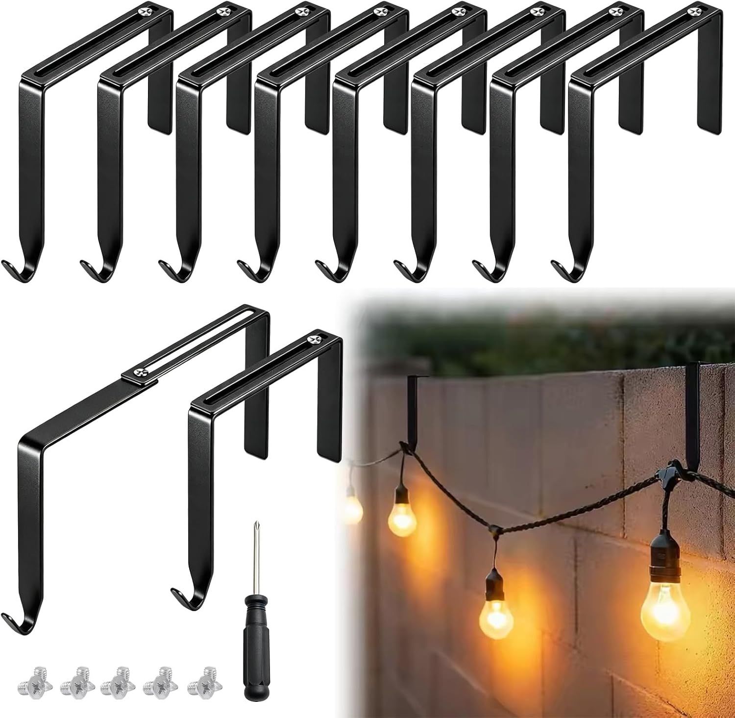 Adjustable Cinder Block Wall String Light Hooks, 10Pcs No-Drill Outdoor Light Hooks for 6-11" Concrete Walls/Fences, Heavy Duty Metal with Screwdriver & 12 Screws, Hooks for Outdoor String Lights