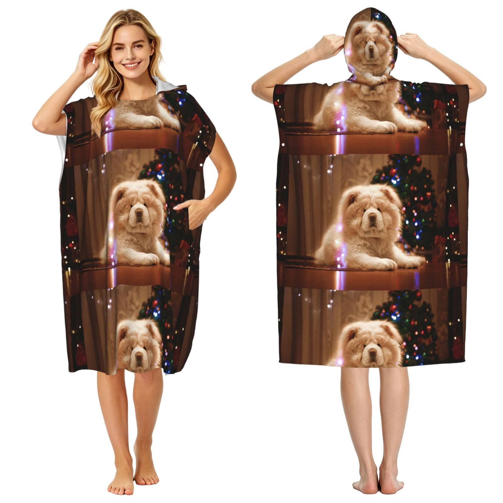 Poadnly Chow Chow White Fluffy Dogs Pets Dogs Christmas, Adult Hooded Beach Towel 90 x 110 cm,Changing Bath Robe, Surf Poncho Towel For Women Men