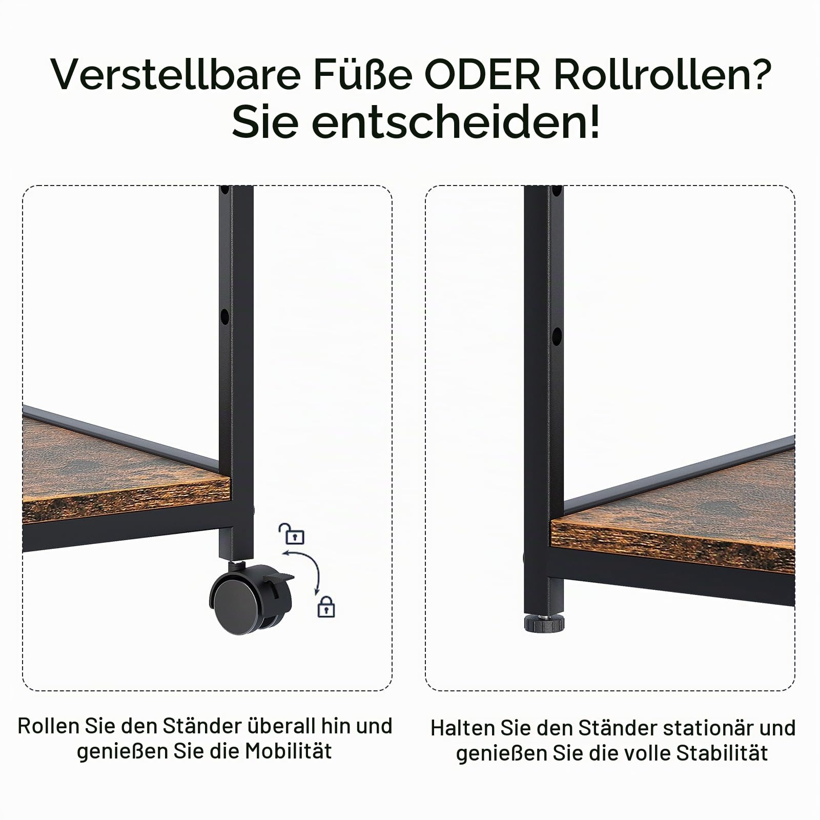 Huhote 3-stöckiger Druckerständer, Druckertisch mit Rollen, Metall Druckerwagen, Druckerregal für Büro, Zuhause, Schule und Arbeitszimmer, Druckerschrank für Fax, Kopierer, Scanner (Holzfarbe)
