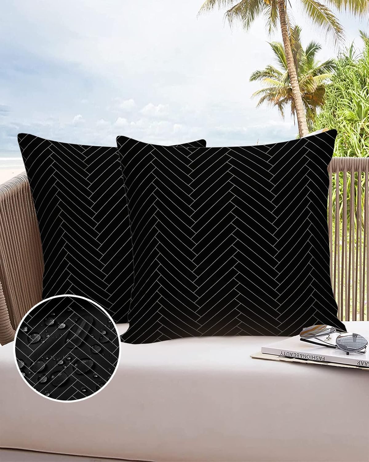 Outdoor Pillows 26x26 Waterproof Outdoor Pillow Covers, Modern Polyester Throw Pillow Covers Garden Cushion Decorative Case for Patio Couch Decoration Set of 2, Black Stripe Herringbone