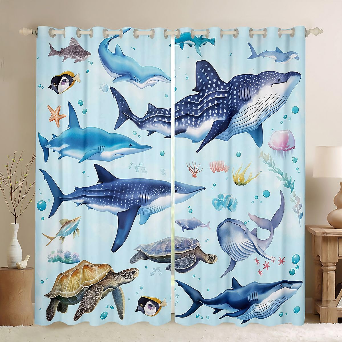 Homemissing Tende oscuranti oceano con squalo per camera da letto soggiorno decorazione vita marina oceano tonalità termoisolanti mare mondo sottomarino trattamenti per finestre, 2 pannelli larghezza