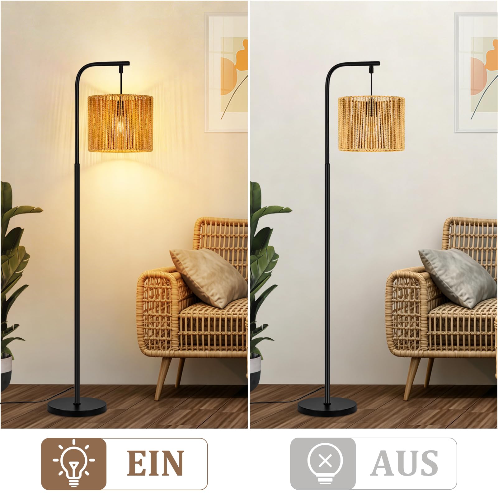 Stehlampe Rattan Boho Stehleuchte Stehlampe Wohnzimmer E27 | Standleuchte Vintage 1 Flammig 164cm Standlampe Schwarz Fußschalter Für Schlafzimmer Terrasse Büro