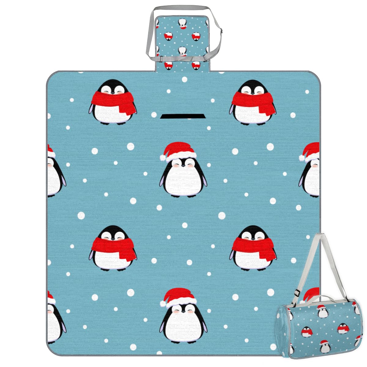 Shimoshe Picnic Blankets 57”x 59”, Christmas Penguin Patterns Waterproof Sandproof Picnic Mat Lightweight Foldable Beach Blanket for Camping Park Grass Beach Outdoor Blanket