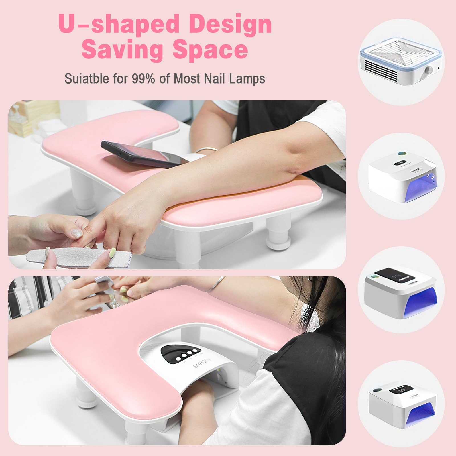 Bracciolo a forma di U per manicure e nail art, con regolazione in altezza, antiscivolo, in pelle PU, per manicure e nail art (rosa)