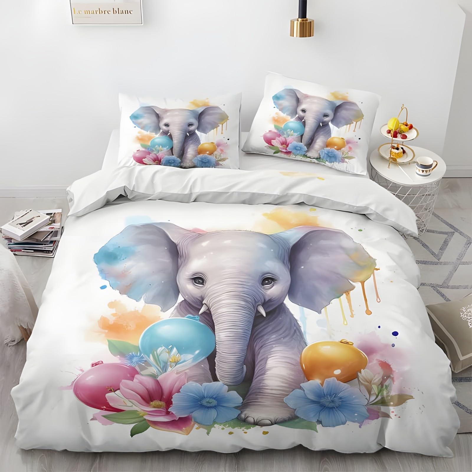 Elefante de Dibujos Animados Funda Nórdica Cama 105 Juego, Reversible Microfibra Juegos Cama Fresco e Infantil Funda Edredon 180×220 y 2 Fundas 50x75, con Cremallera, Apto Hombres y Mujeres NP256