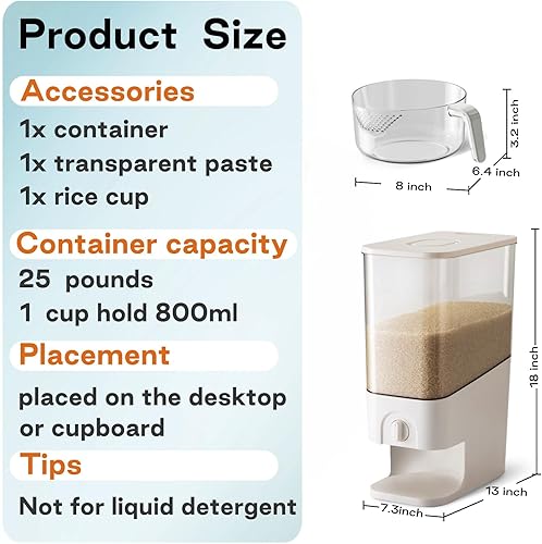 Miniatura 5 de Dispensador de arroz de 22 a 25 libras, contenedor de almacenamiento de granos de 10.5 cuartos de galón / 10 L/25 libras con taza medidora,