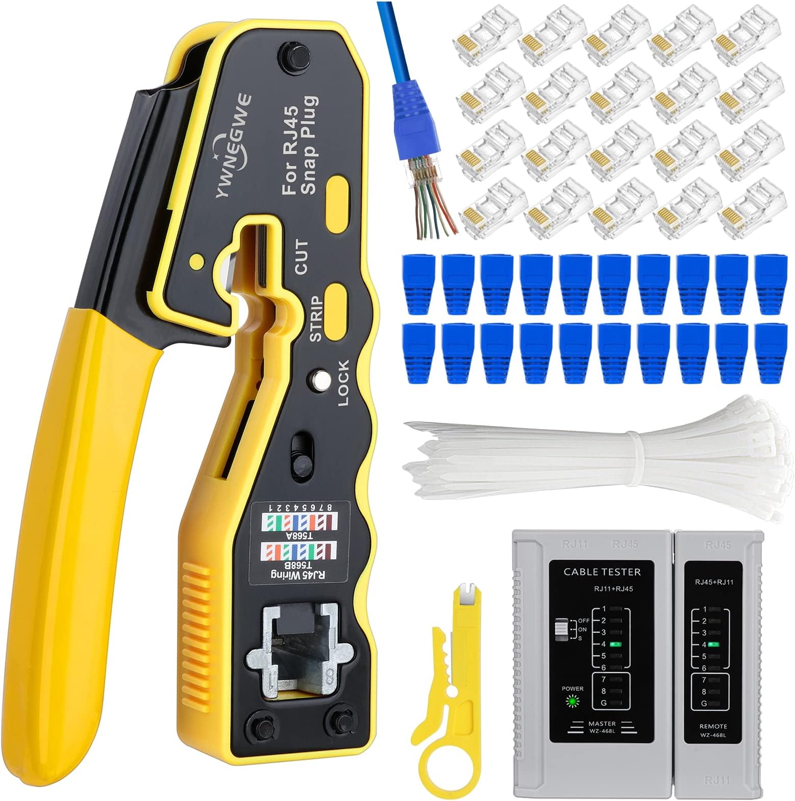 RJ45 Crimp Tool Kit Pass Through Ethernet Crimper for Cat5e Cat6 Cat6a 8P8C Modular Plugs, All-in-One Cat6 Crimping Tool with 20Pcs Connectors 20Pcs Covers,Mini Stripper,Cable Zip Ties,Cable Tester