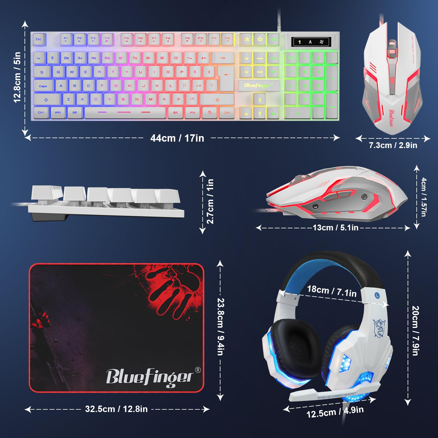 BlueFinger Tastiera da gioco RGB e mouse retroilluminato e combinazione, tastiera retroilluminata con cavo USB, set di mouse da gioco a LED, cuffie con microfono per computer portatile, PC, giochi e