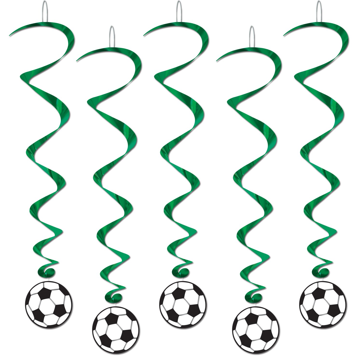 Remolinos de fútbol Beistle de techo color verde negro y blanco para adornar salas de fiesta