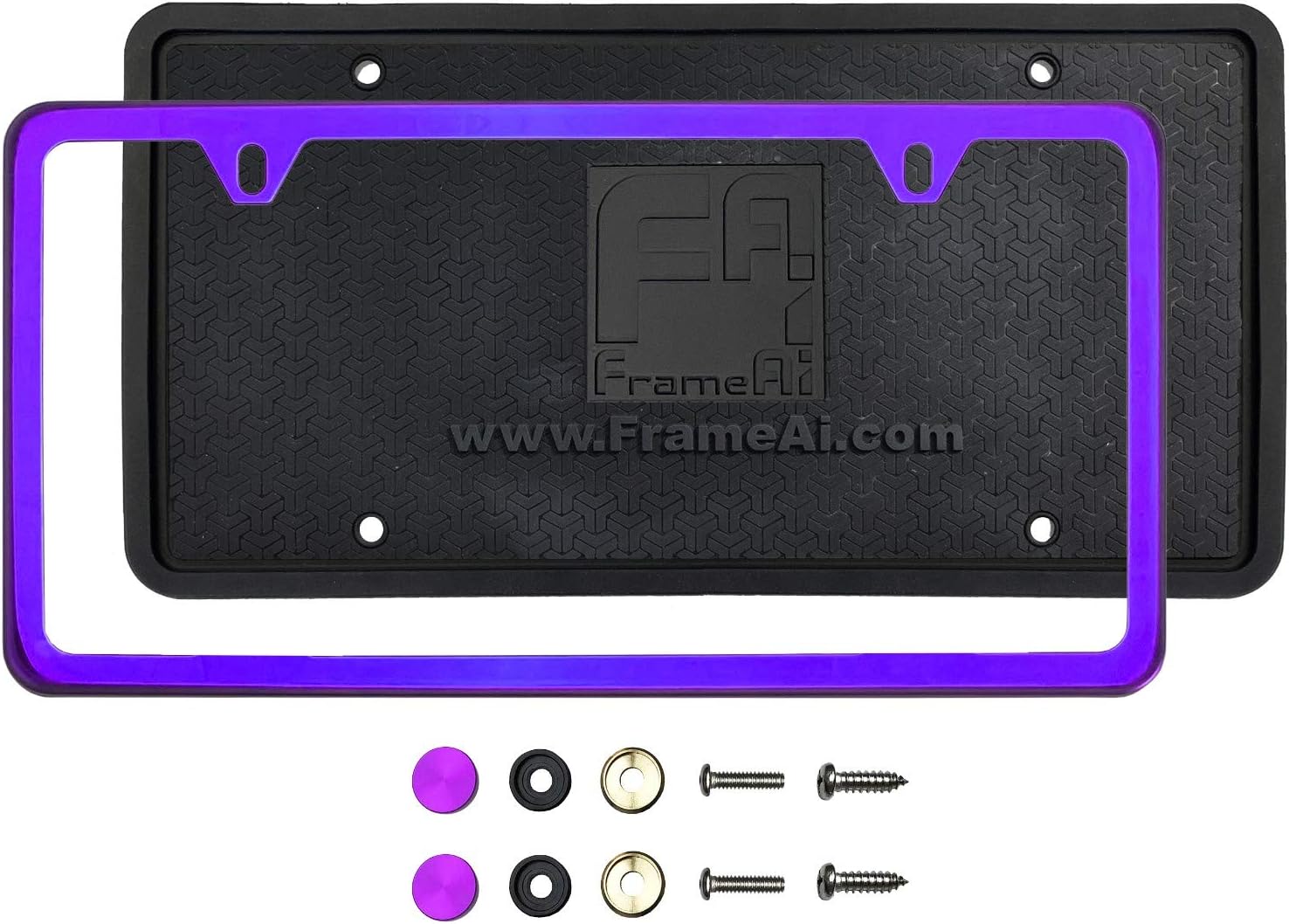 Silicone Back Guard Two Holes Slim License Plate Holder Purple Chrome Mirror License Plate Frame T304 Stainless Steel + Metal Screw Caps