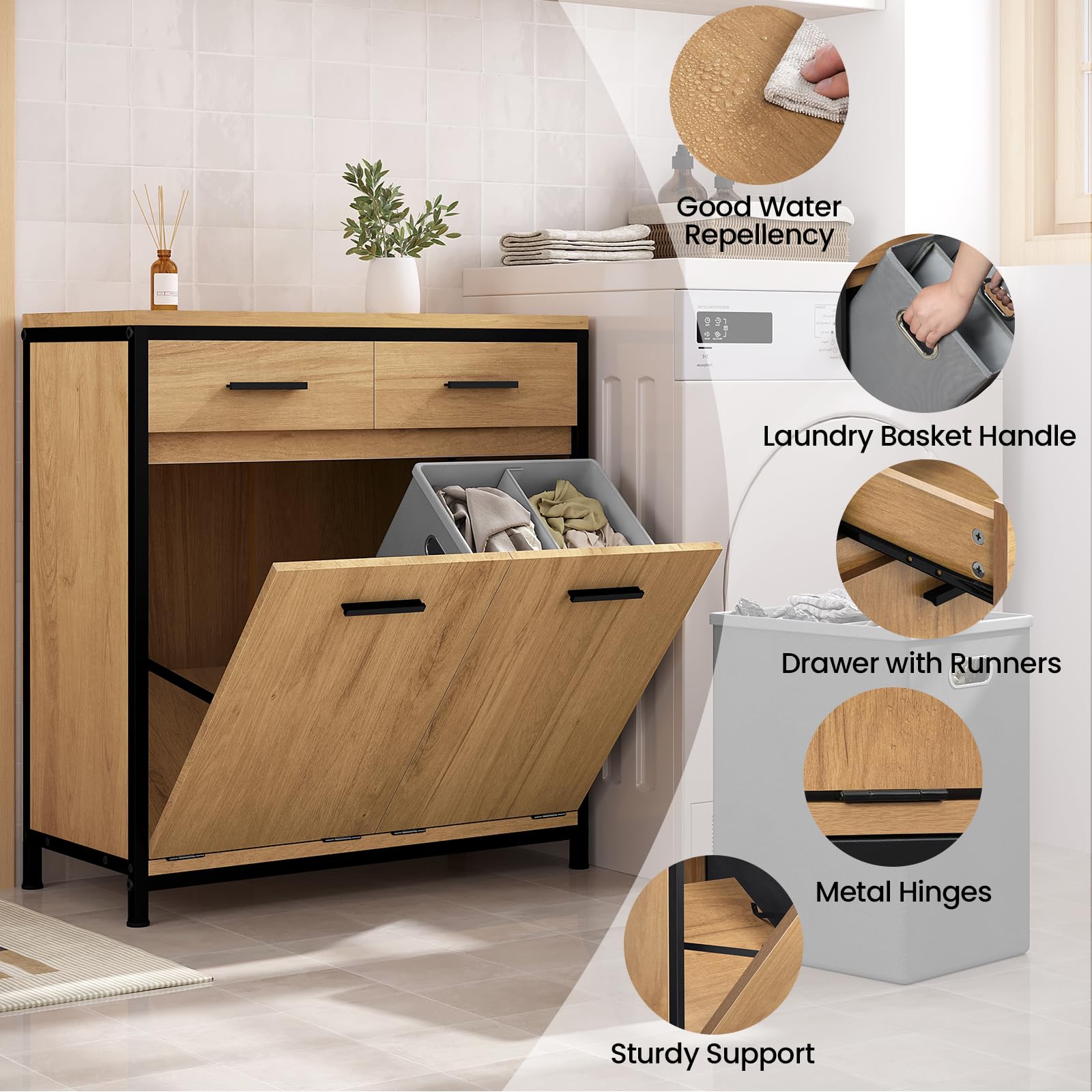 EUGAD Meuble de Salle de Bain, Placard de Rangement, avec Sac Intérieur Amovible avec Poignées, 40 x 78,9 x 80,2 cm, 2 Tiroirs et 2 Paniers à Linge, Meuble de Rangement, Chêne Clair + Noir, 0233WY