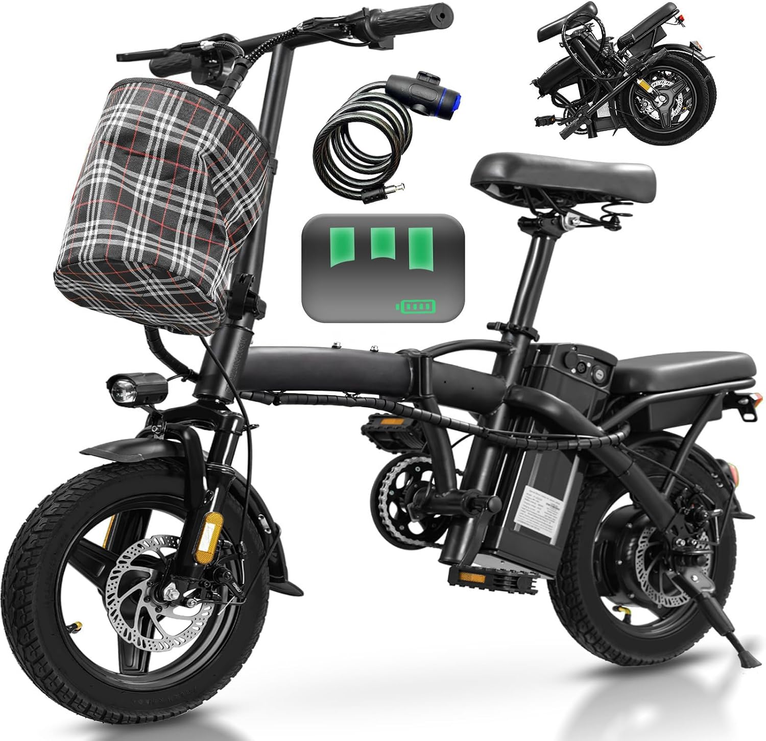 Electric Bike for Adults and Teens, 560W Motor 24MPH Compact Commuter Electric Bicycles, 32 Miles Range, 48V 10Ah Battery, 3 Shock Absorbers, 14" Foldable Ebike with Basket, UL 2849 Certified image 8