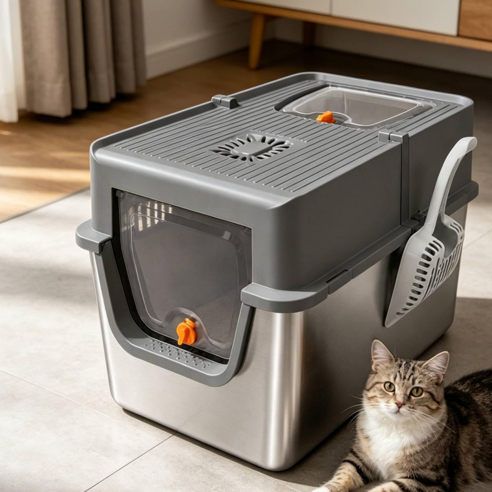XXL Katzenklo Katzentoilette mit Klapptür großes Format groß geschlossene Katzentoilette, Hellgrau