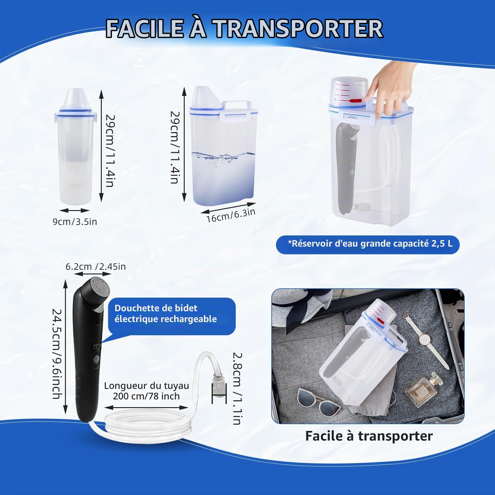 Bidet Portable, 2.5L Bidet Electrique, Douchette à Main pour Toilettes | Rechargeable, Extérieur, Camping, Vaporisateur à Main pour Femme, Homme, Soin du Corps-Noir