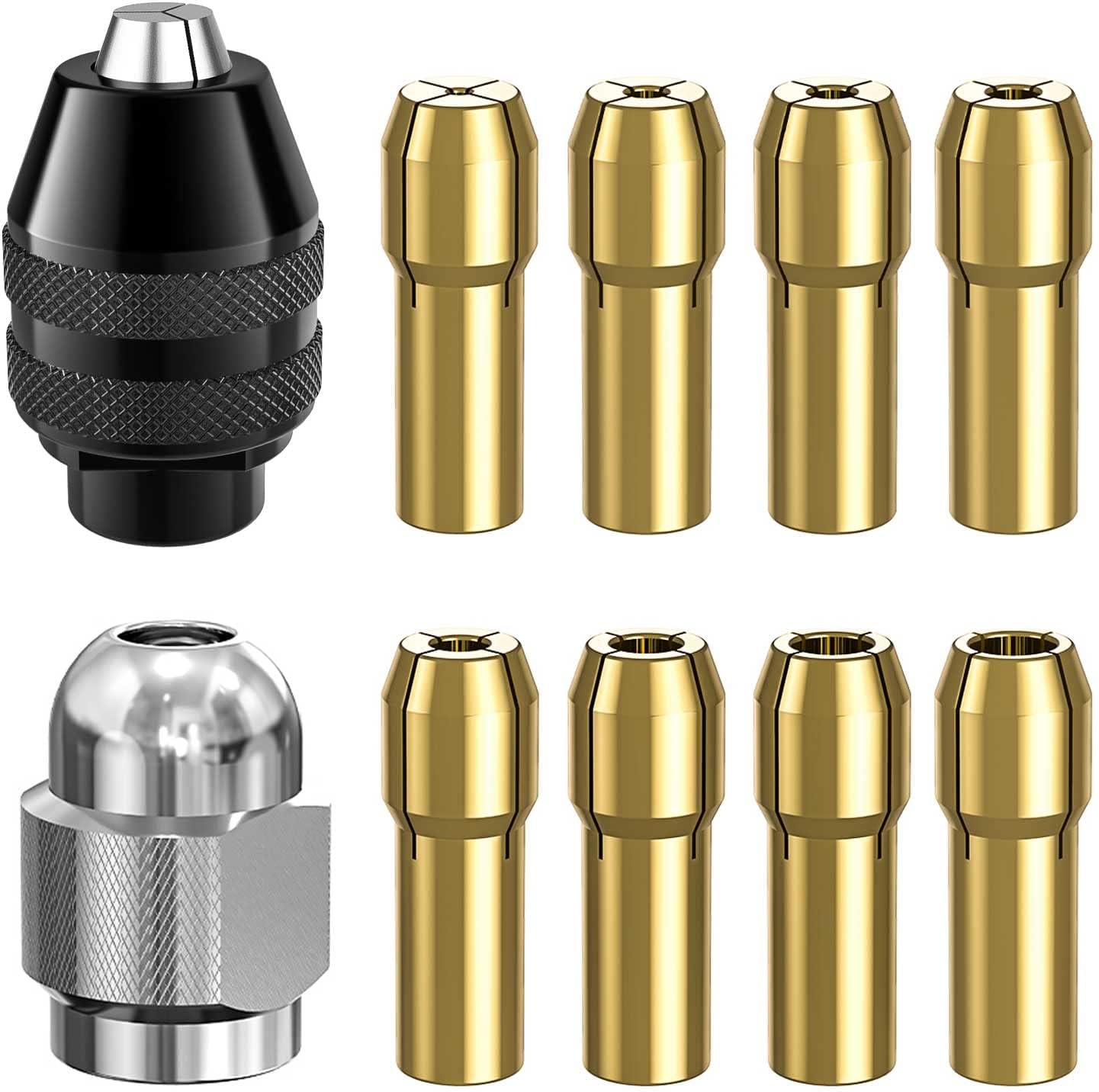 Drill Chuck Collet Set for Dremel, 1/32" to 1/8" Replacement 4486 Drill Keyless Bit Chuck Shank Rotary Tool Quick Change Adapter with Replacement 4485 Brass Quick Change Rotary Drill Nut Tool Set