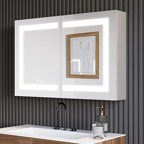 LIGMIRR Botiquín de baño con luces, botiquín de medicina LED de 36 x 24 pulgadas con espejo, gabinete de pared con estantes, botiquín iluminado de