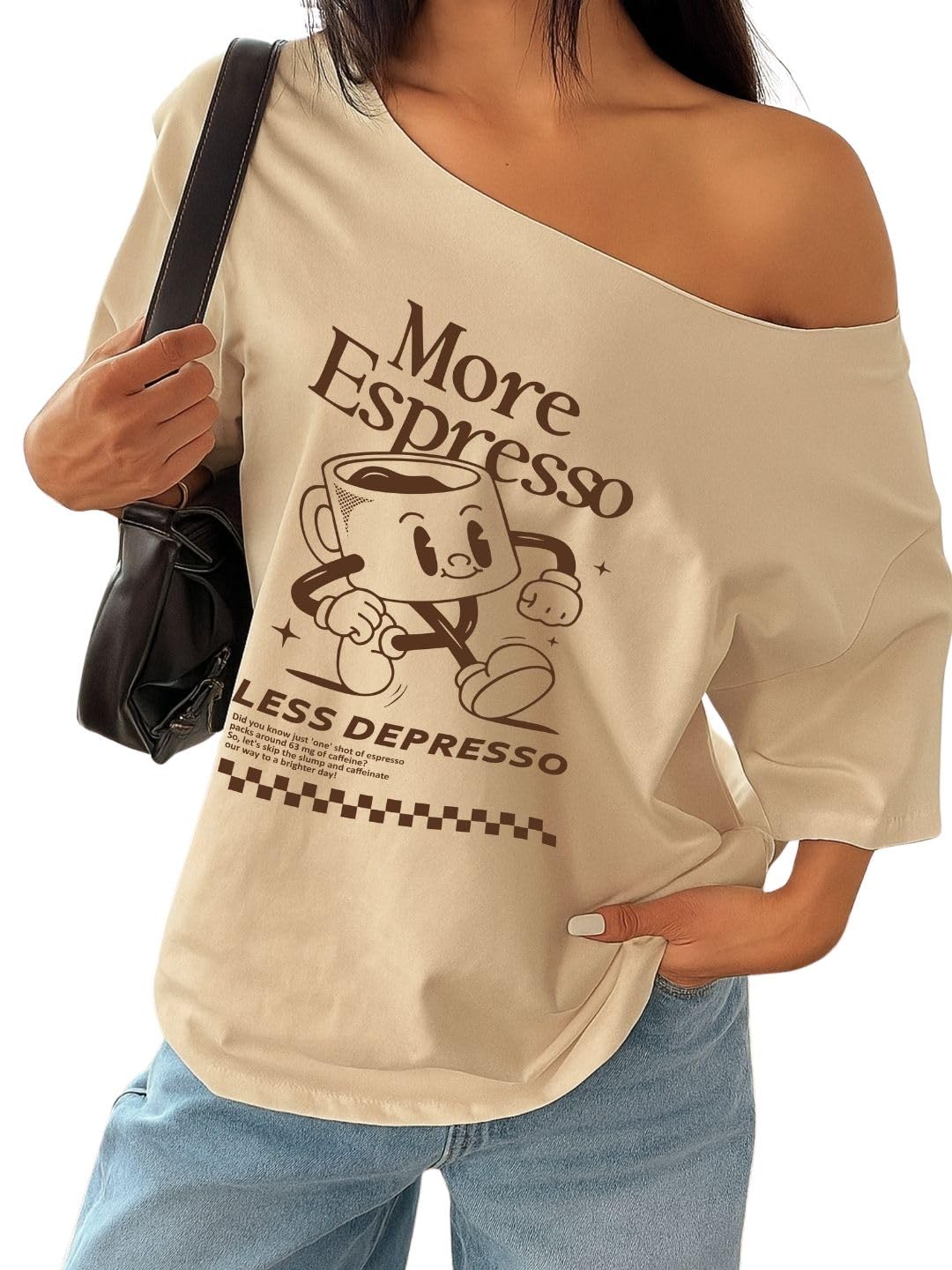More Espresso Less Depresso Coffee Cup Print Off-Shoulder T-Shirt, Beige, Casual Graphic Design, Women's Loose Fit-image-7