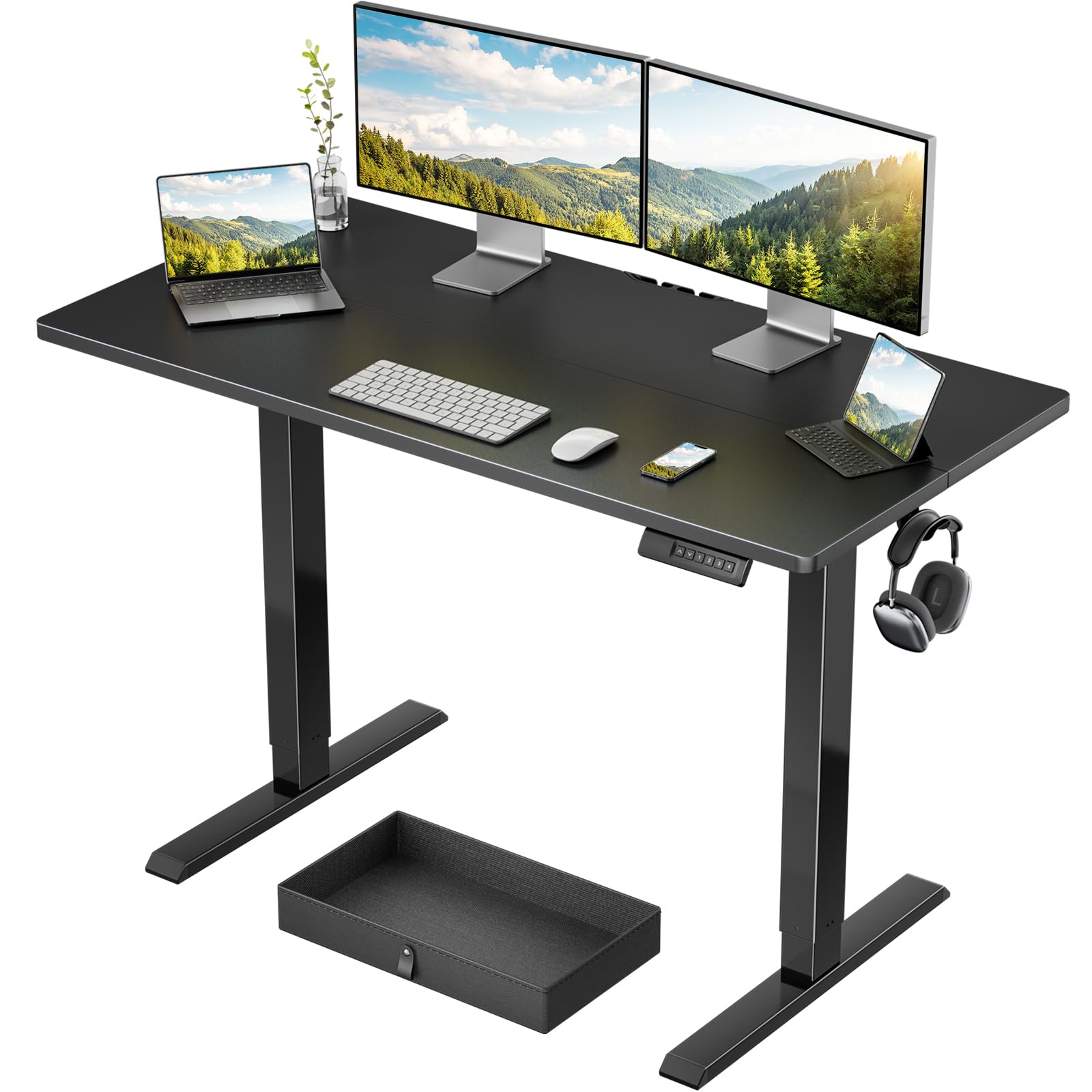 marsail electric standing desk with drawer 48 x 24 electric stand up desk ergonomic adjustable desk with storage headphonebag hooks computer desk for home amp office with cable managementblack