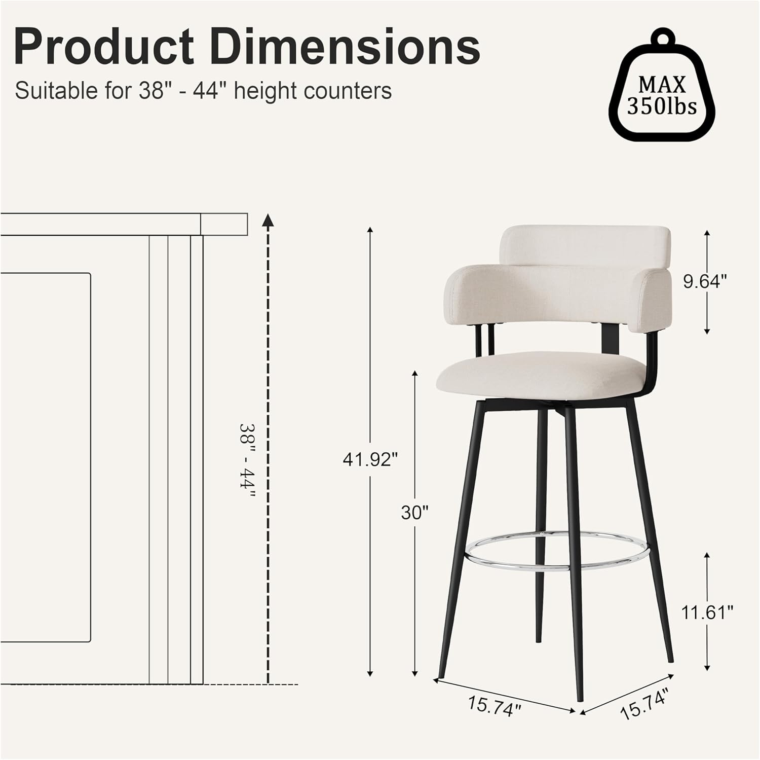 Swivel Bar Stools Set of 2 – Counter Height Bar Stools with Linen Upholstery, Ergonomic Backrest, and Chrome Metal Feet for Kitchen Island (Beige, 30" Barstools)