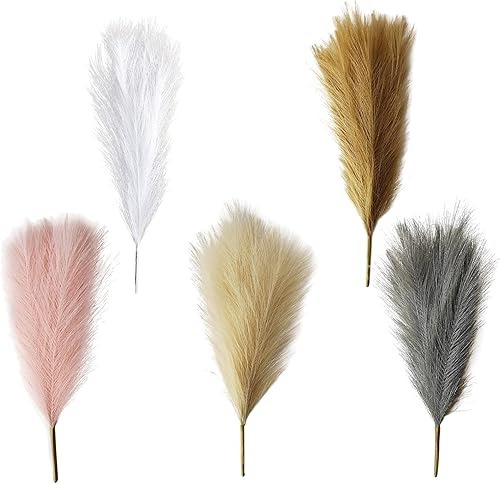 Miniatura 4 de MISNODE 5 ramas de hierba de las pampas artificiales, tallos de hierba pomposa sintética de 17 pulgadas, tallos decorativos de junco seco para boda,