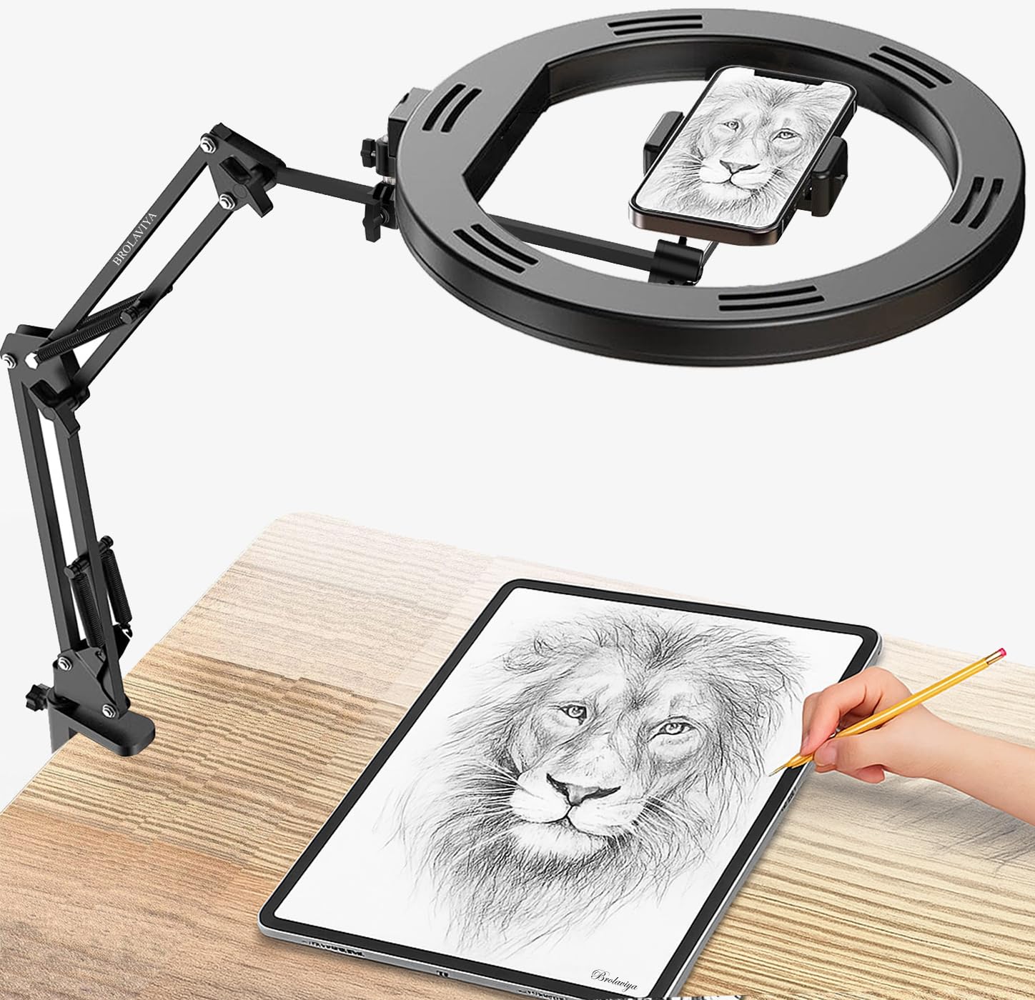 BROLAVIYA No shadow Overhead Video Mobile Stand with Extra long Metal Arm,12inch Large Selfie Ring light,2 way base clamp 1/4" adaptor For Camera, GoPro and Mobile Bracket for Desktop, Bedroom, Office-image-3