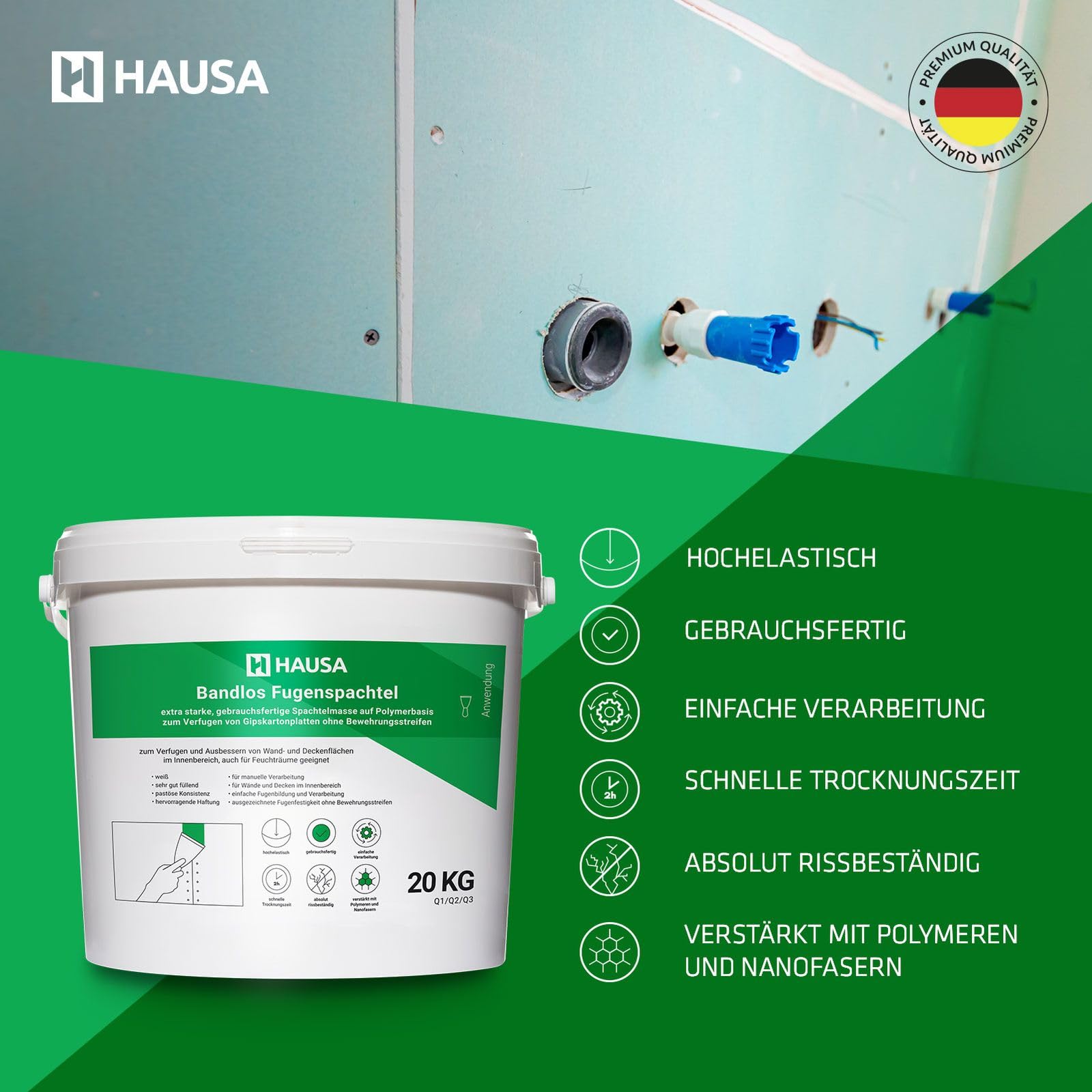 Stucco di riparazione extra forte, stucco pronto per fughe di cartongesso senza strisce di rinforzo per pareti, soffitti interni, riempitivo per crepe, cartongesso, stucco per fughe, bianco, 20 kg