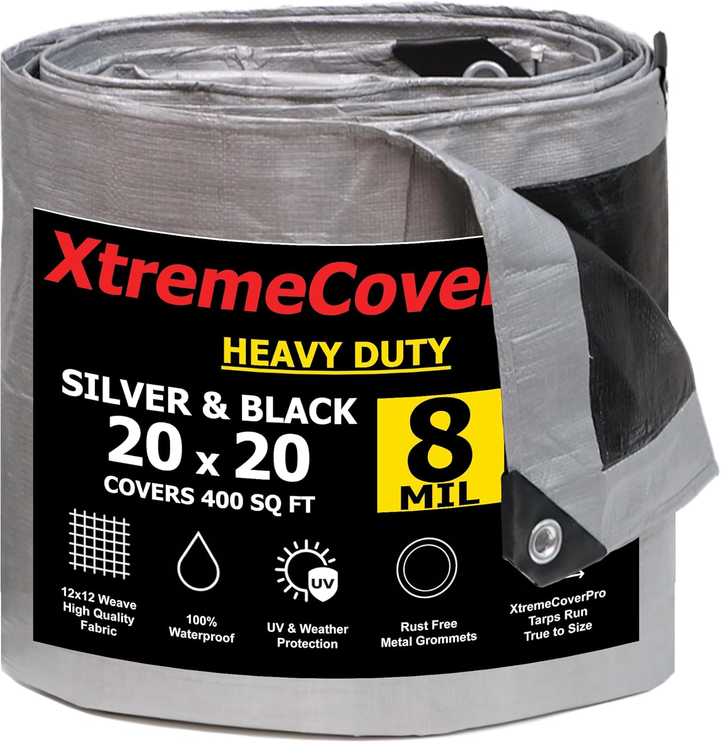 20' x 20' Silver Black Super Ultra Heavy-Duty Tarp– 8 Mil Waterproof & UV-Resistant 20x20 - Large Outdoor Tarp, Waterproof Cover for Rain Camping, Tent, UV Protection, Reinforced Corners