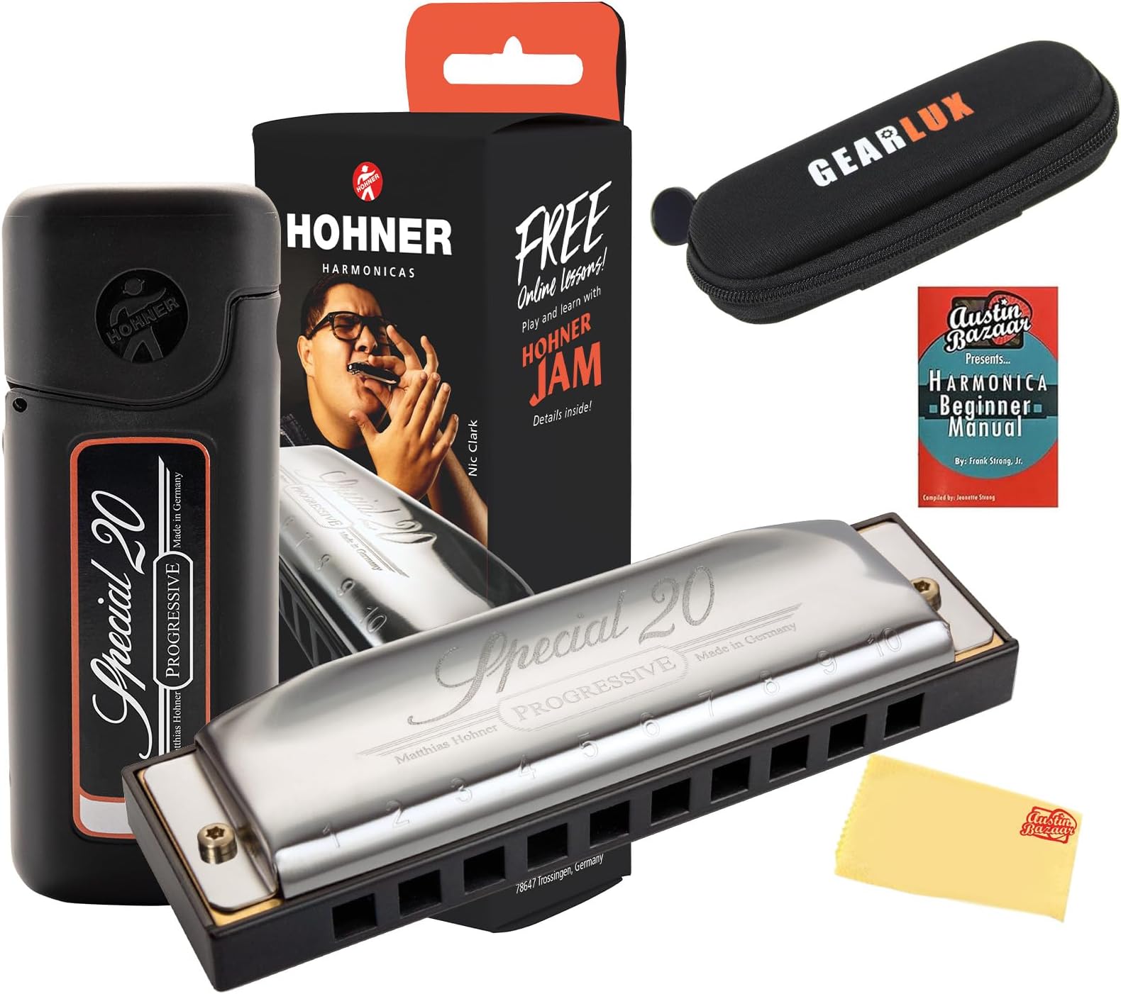560 Special 20 Harmonica Bundle with Carrying Case, Pouch, Harmonica Beginner Manual, and Austin Bazaar Polishing Cloth - Key of C