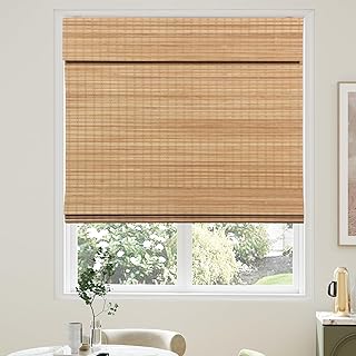 Bamboo Roman Shades with Valance Cover, Cordless Blinds for Indoor Windows, Blackout Woven Wood