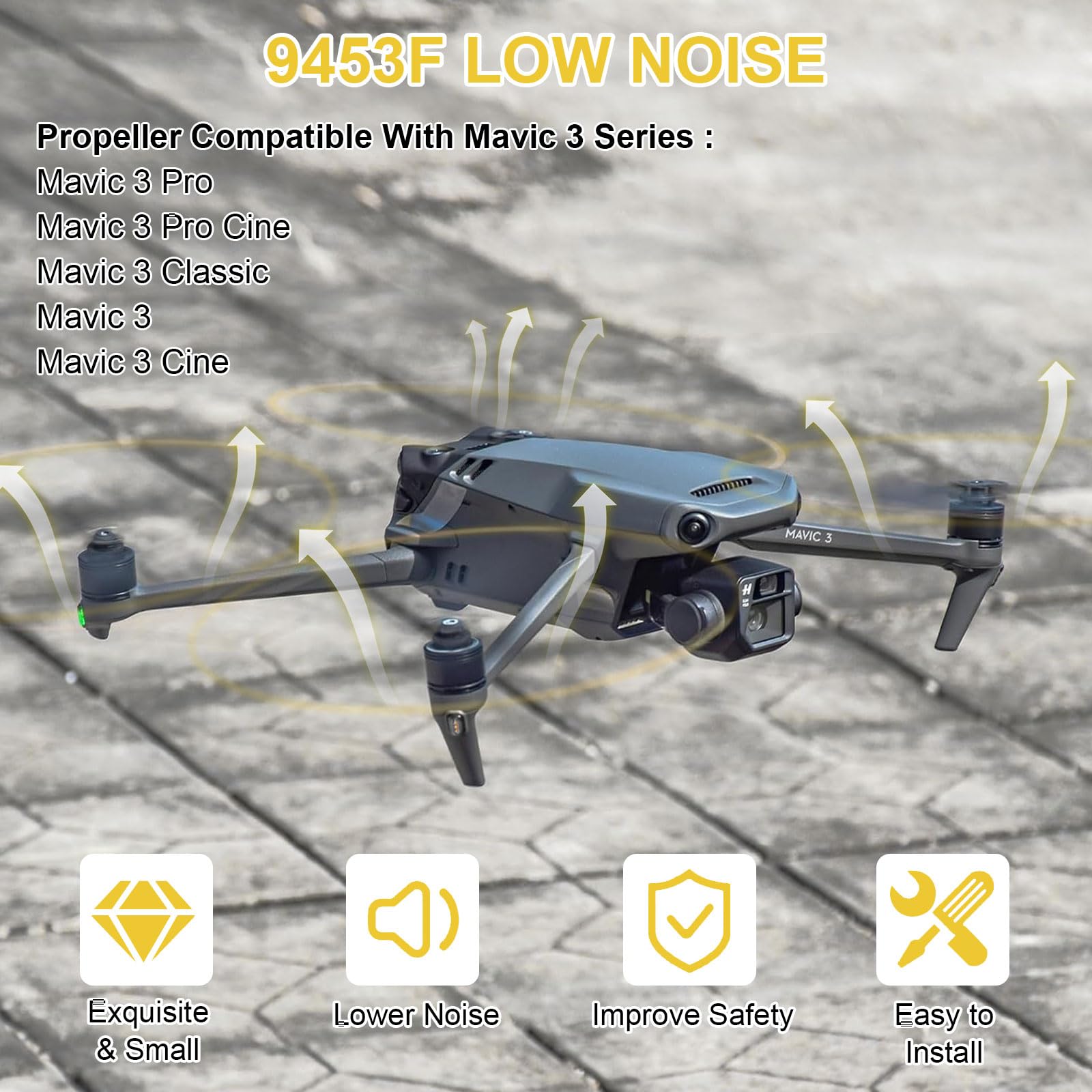 Hélices Mavic 3, 8 Piezas Drone Mavic 3 Pro Hélices con Diseño Liberación Rápida, 9453F Elices para Mavic 3 Pro/Mavic 3 Cine/Mavic 3 Classic/Mavic 3 Accesorios (Oro)