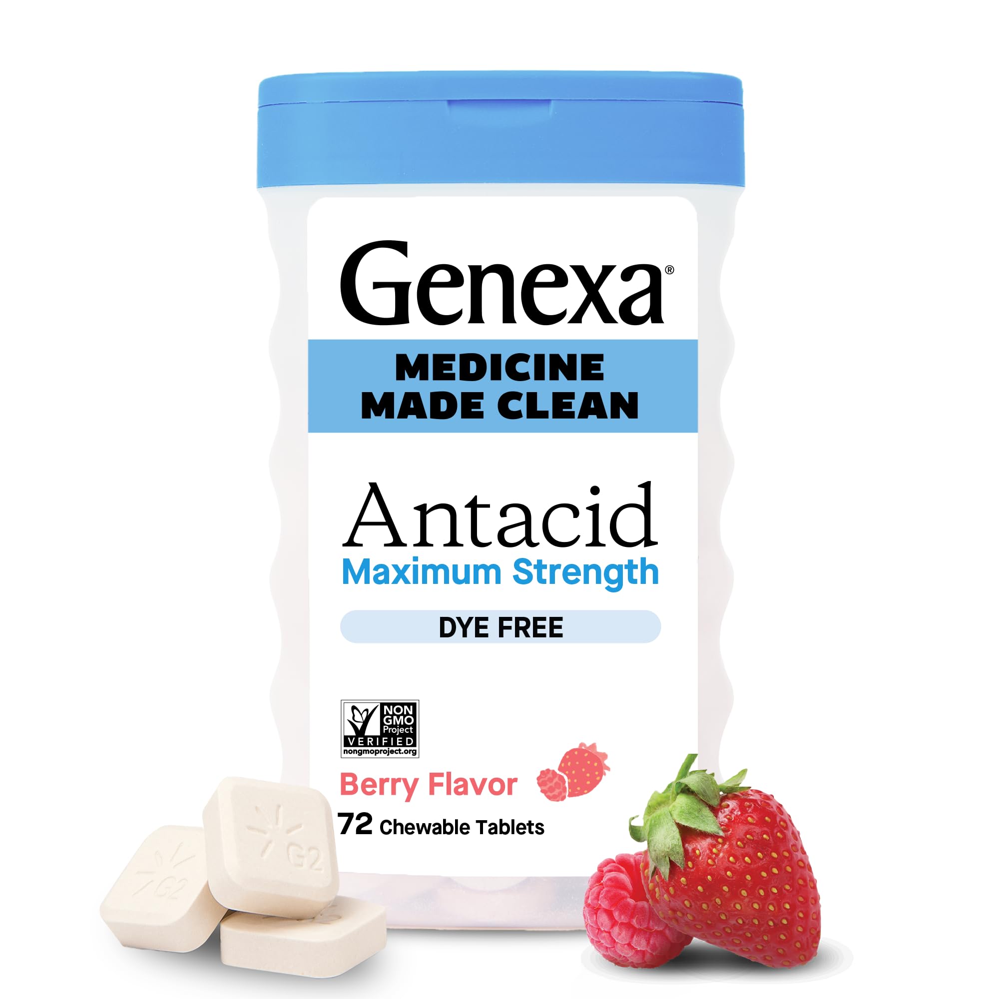 GenexaClean Antacid Maximum Strength Chewable Tablets, Dye Free, 0% Artificial Additives, Calcium Carbonate Relief for Heartburn, Acid Indigestion, & Upset Stomach, Organic Berry Flavor, 72 ct