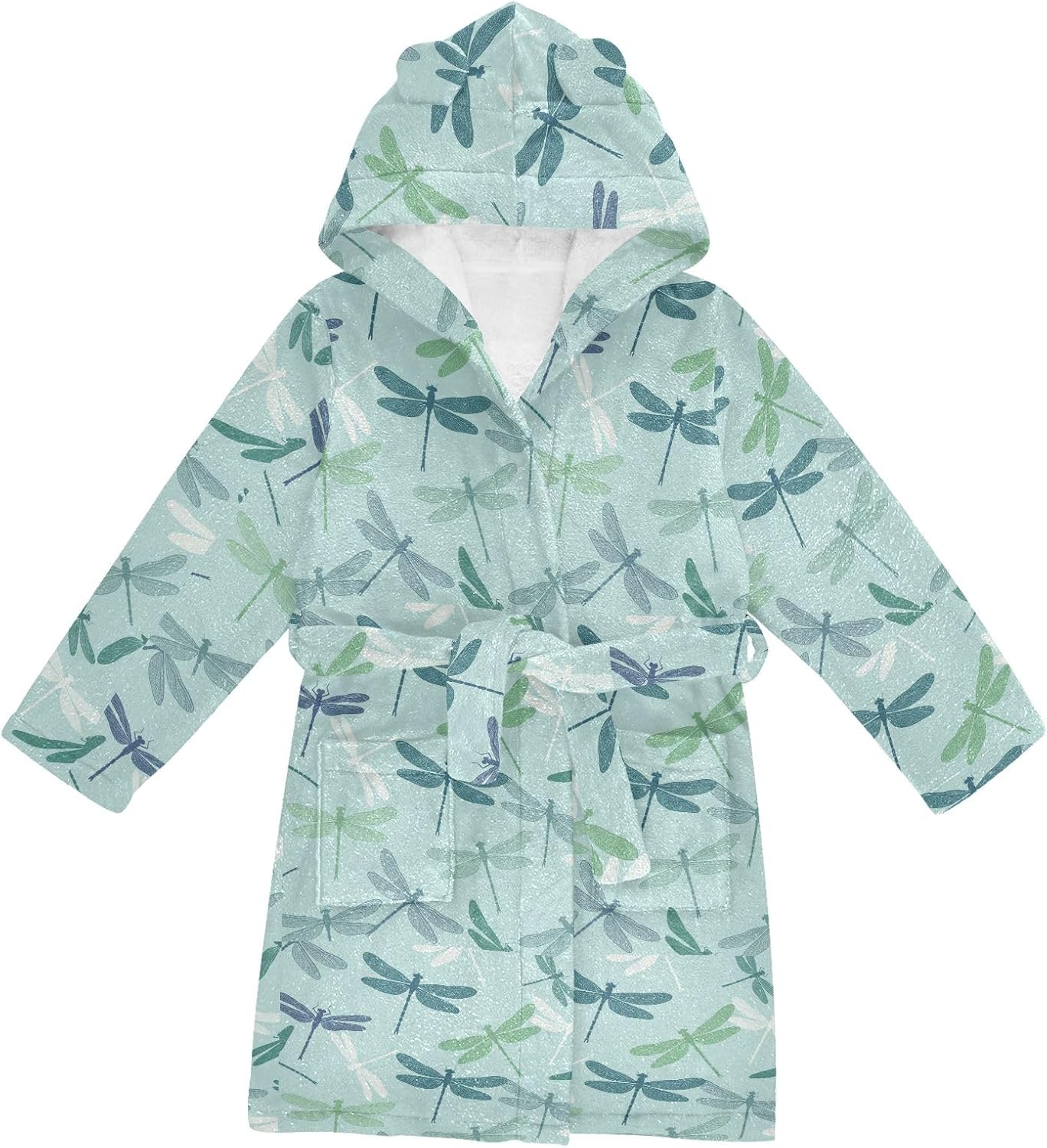 Dragonflies Pattern Toddler Hooded Bathrobe for Boys Girls Soft Plush Bath Towel Robe 2-12 Years