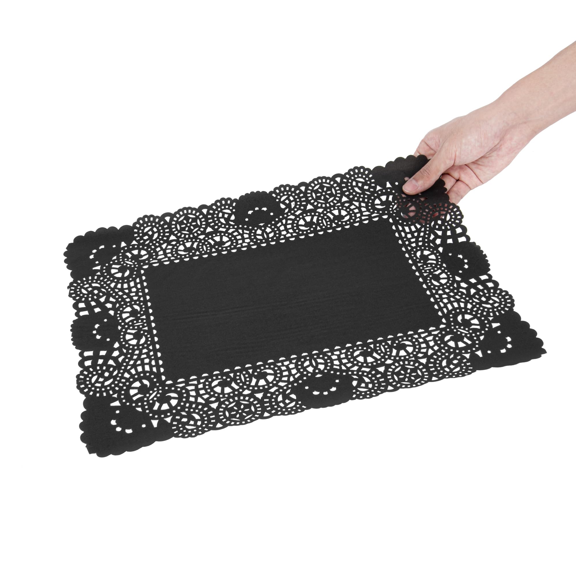 Restaurantware Pastry Tek - Tapetes de papel de encaje de 15.75 x 12 pulgadas, 100 tapetes rectangulares desechables para mesa, elegante acabado de encaje, de larga duración, papel negro, para