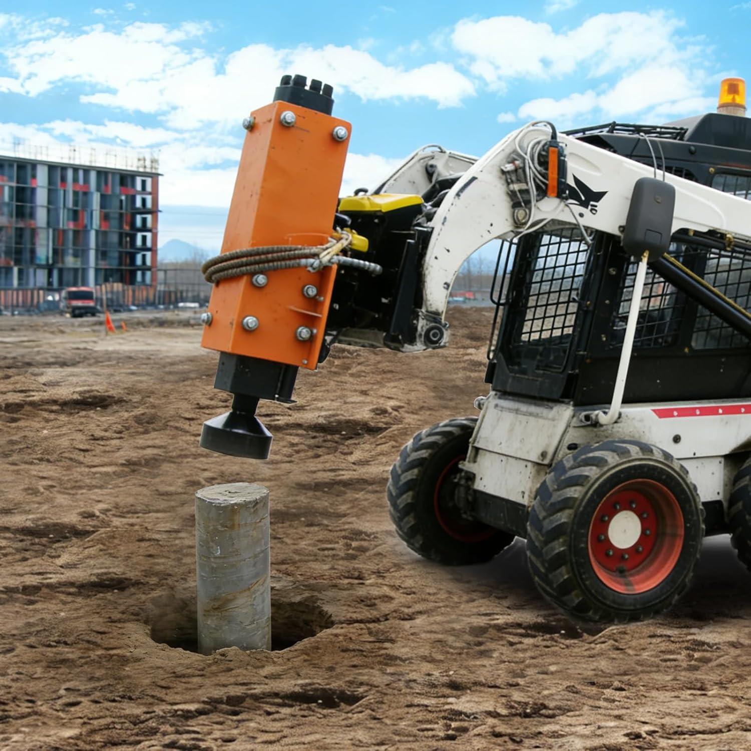 Skid Steer Post Driver Attachment 1150 lbs Energy Class 13-24 GPM Hydraulic Flow Nitrogen Charged Power Cell Steel Frame for Skid Steer Loaders
