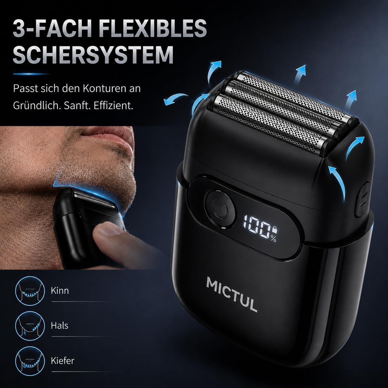 Elektrischer Rasierer Herren, Folienrasierer und Barttrimmer，Für Trocken- und Nassrasur, Akku, LED-Anzeige, USB-C-Schnellladung, IPX7 wasserdicht, tragbarer Reiserasierer