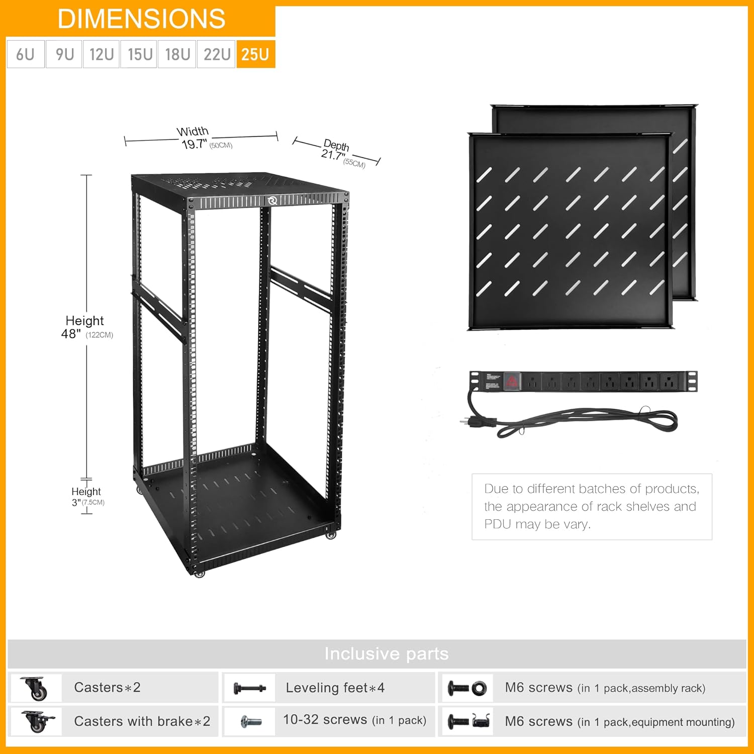 RIVECO 25U Network Rack with Reinforced Top Cover - 4 Post Floor Rack on Wheels for 19" Equipment & Stereo Gear- Including Mount Power Strip & 2PCS 1U Shelves