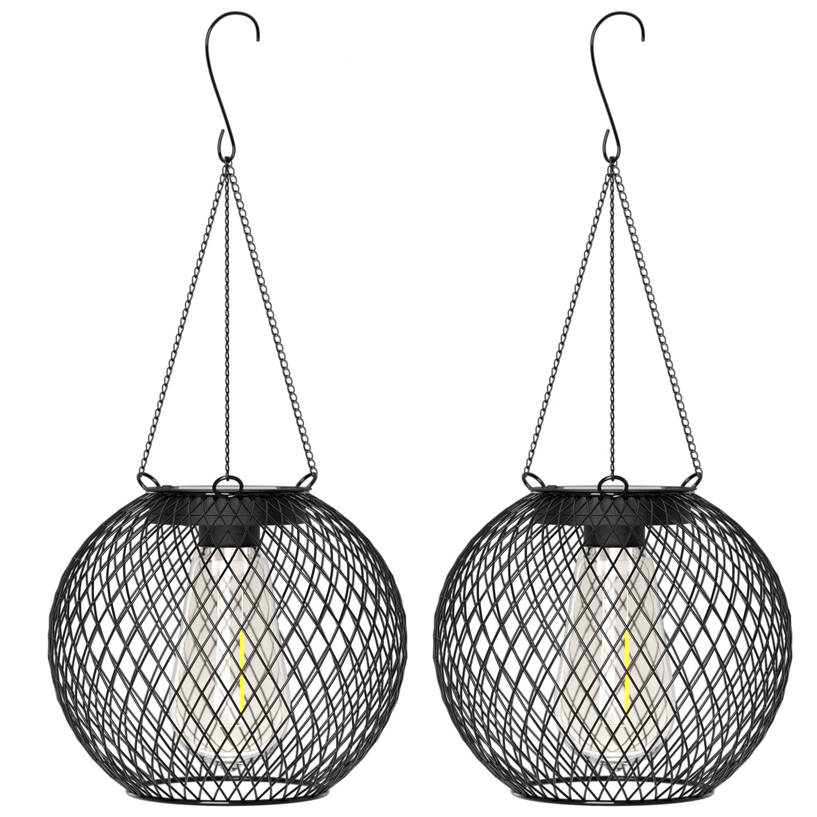 Modernas luces colgantes de malla solar, linternas esféricas colgantes de metal negro con bombillas Edison, montadas en cadena, interiores y exteriores (paquete de 2)