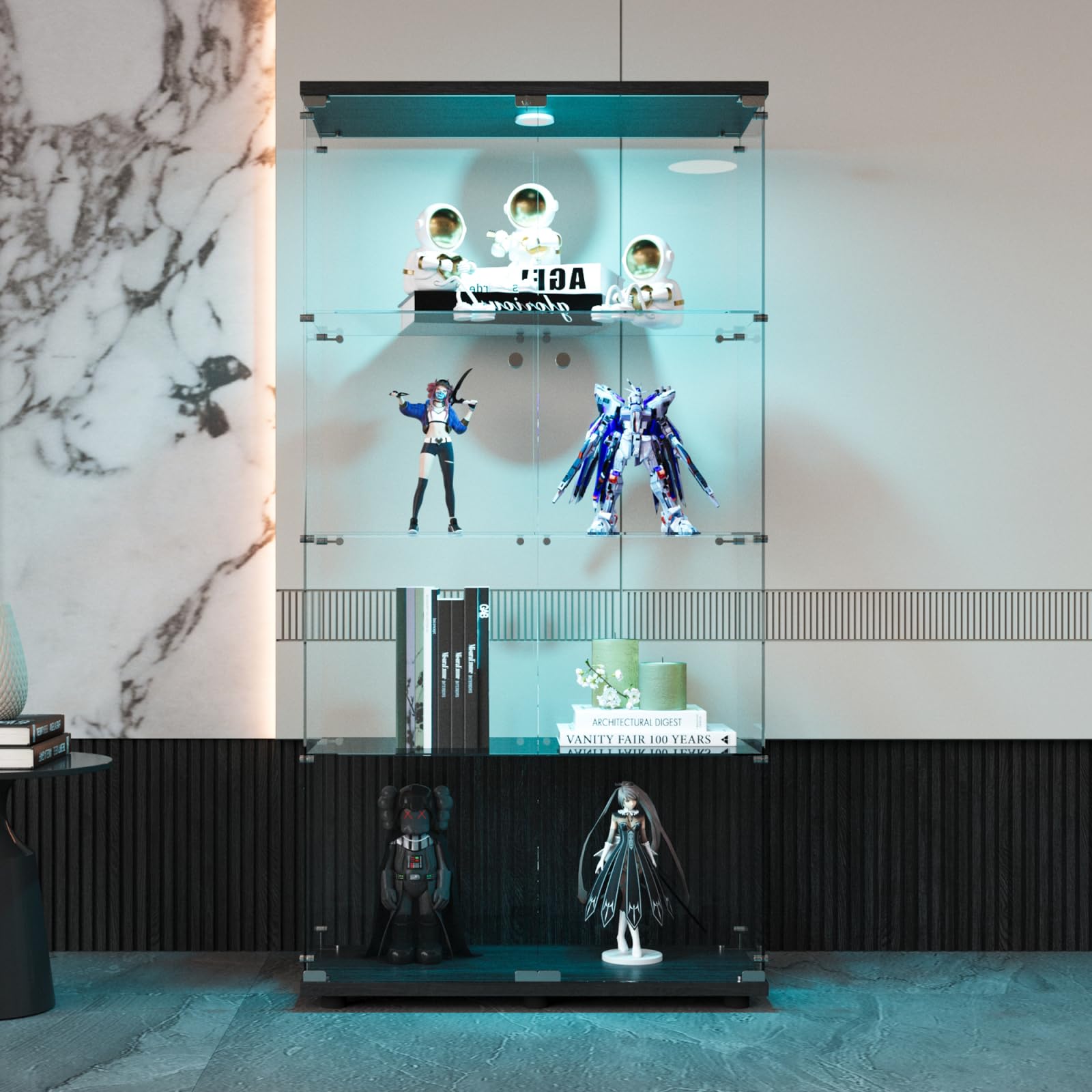 belupai Vetrina in vetro a 4 strati con LED, 80 x 36 x 164 cm, armadio da collezione moderno con 2 ante, armadio in vetro in piedi con serratura, mobile vetrina per soggiorno, ufficio, nero