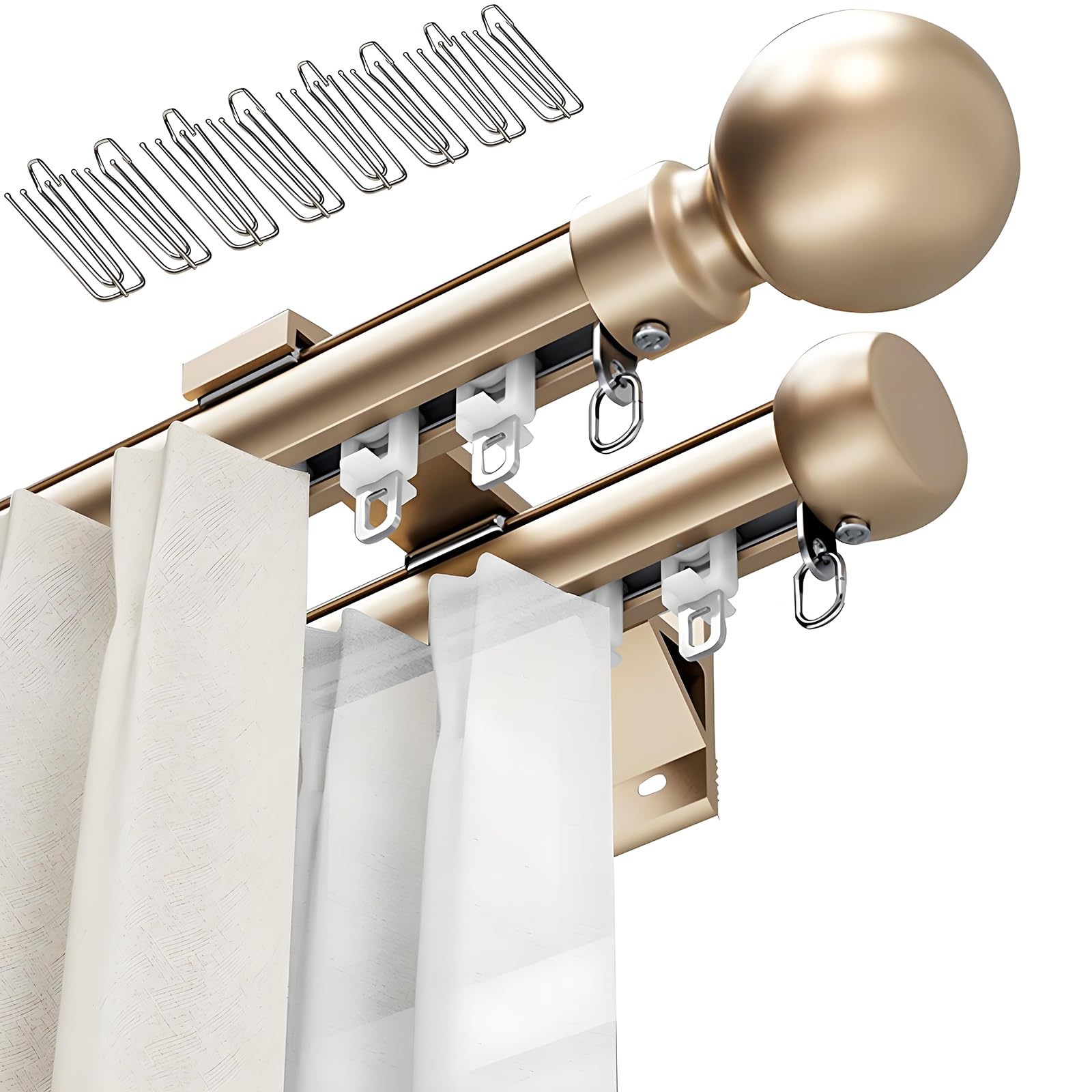 Gardinenstange Vorhangstange 50cm 130cm 270cm 360cm 450cm 600cm 2 läufig Gardinenstangen mit Gardinenhaken Wandwontage Stummen Schienenvorhangsystem(Gold,570cm)