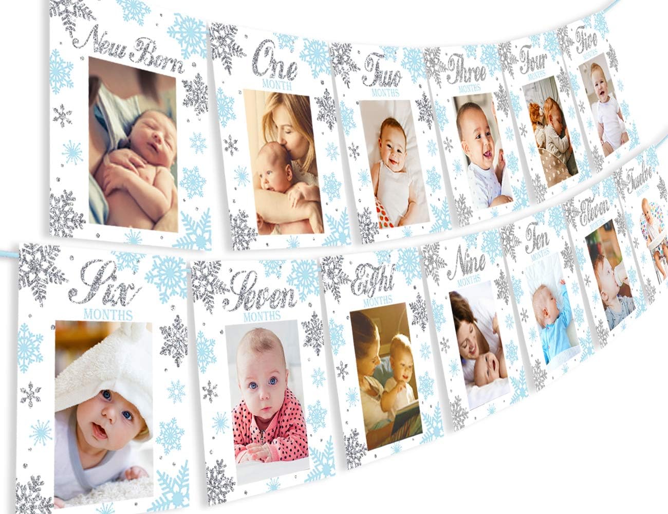 Snowflake Winter Onederland Photo Banner - Monthly Newborn to 12 Months Photo Banner for Winter Onederland 1st Birthday Decorations Blue Christmas Snowflake 1st Birthday Decorations